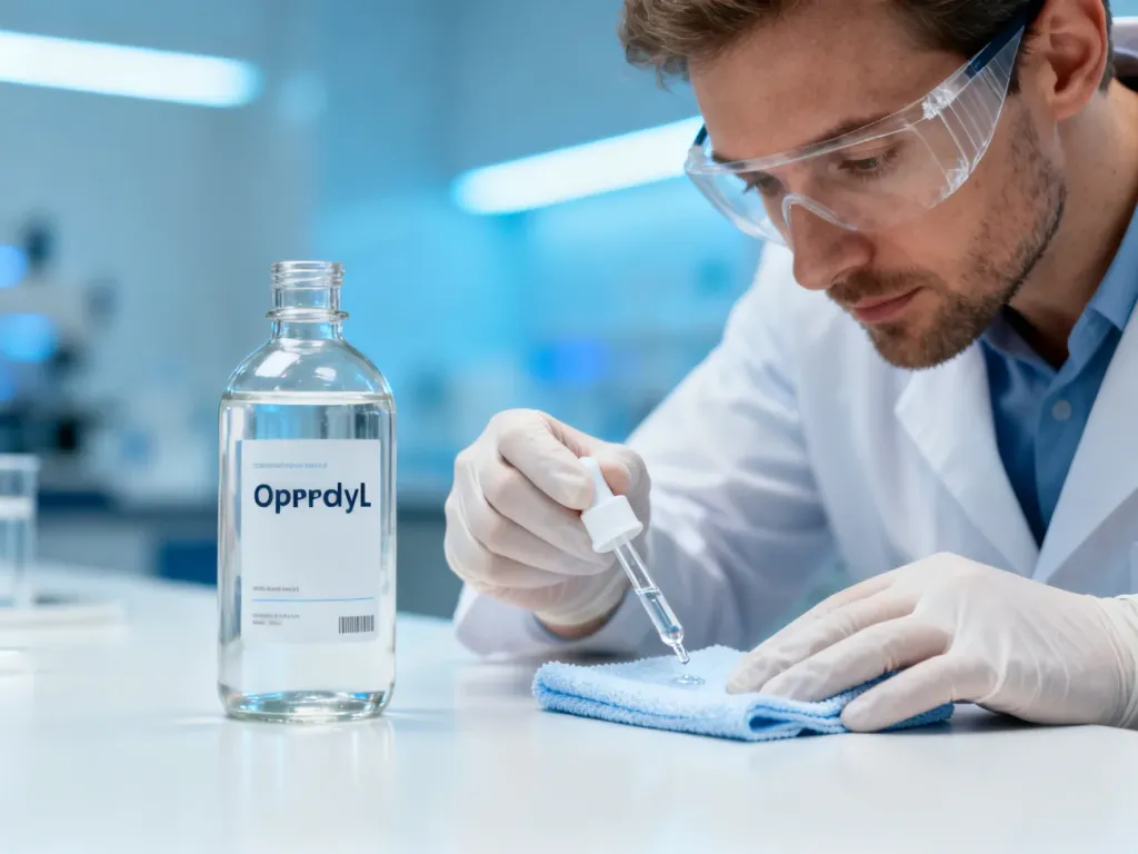 Pracownik laboratorium w białym fartuchu nanosi alkohol izopropylowy na ściereczkę z mikrofibry.