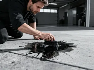 Kobieta montuje panel winylowy o wyglądzie drewna na stare płytki kuchenne, odświeżając wygląd wnętrza.