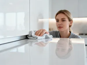 Fachowiec nakłada fugę między szare płytki podłogowe przy użyciu pacy gumowej w nowoczesnej kuchni.